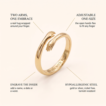 Hug ring features: two arms one embrace, adjustable one-size, engrave the inside, hypoallergenic steel