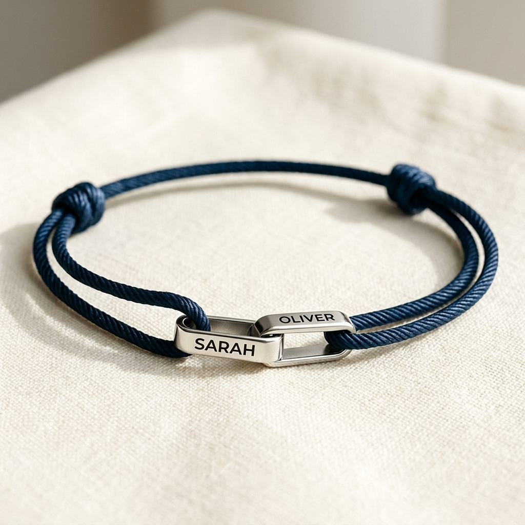 Silver links on navy cord, engraved SARAH and OLIVER
