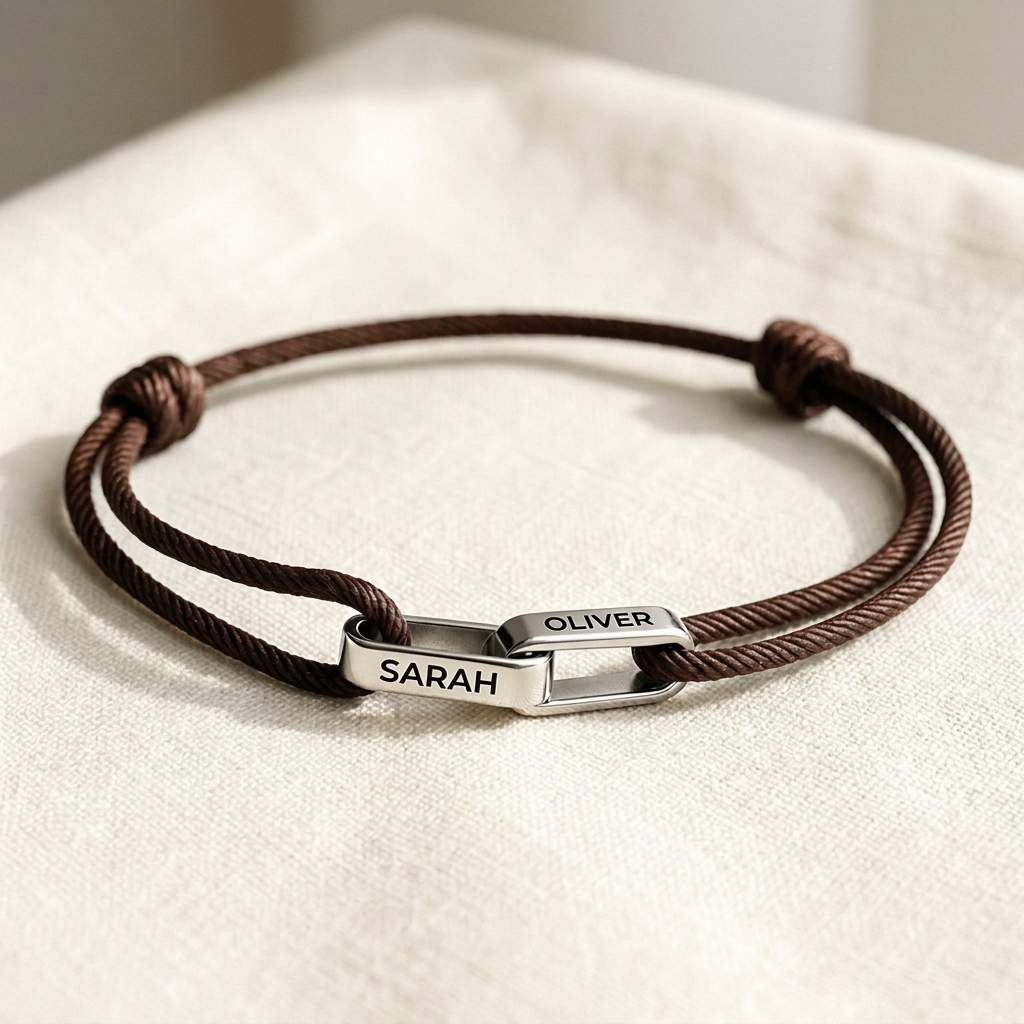 Silver links on brown cord