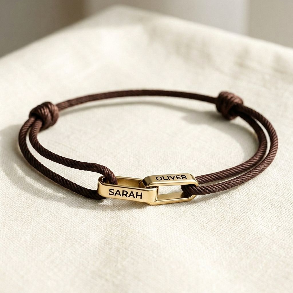 Gold links on brown cord