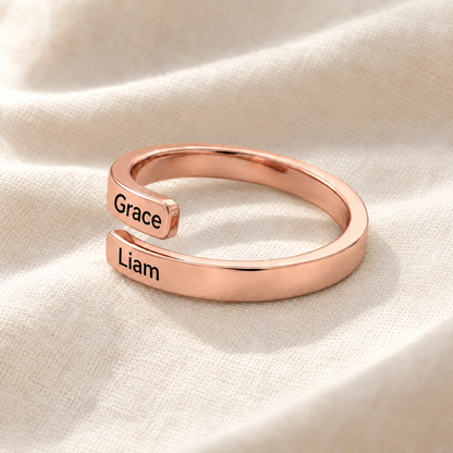 Rose gold open wrap ring engraved Grace and Liam
