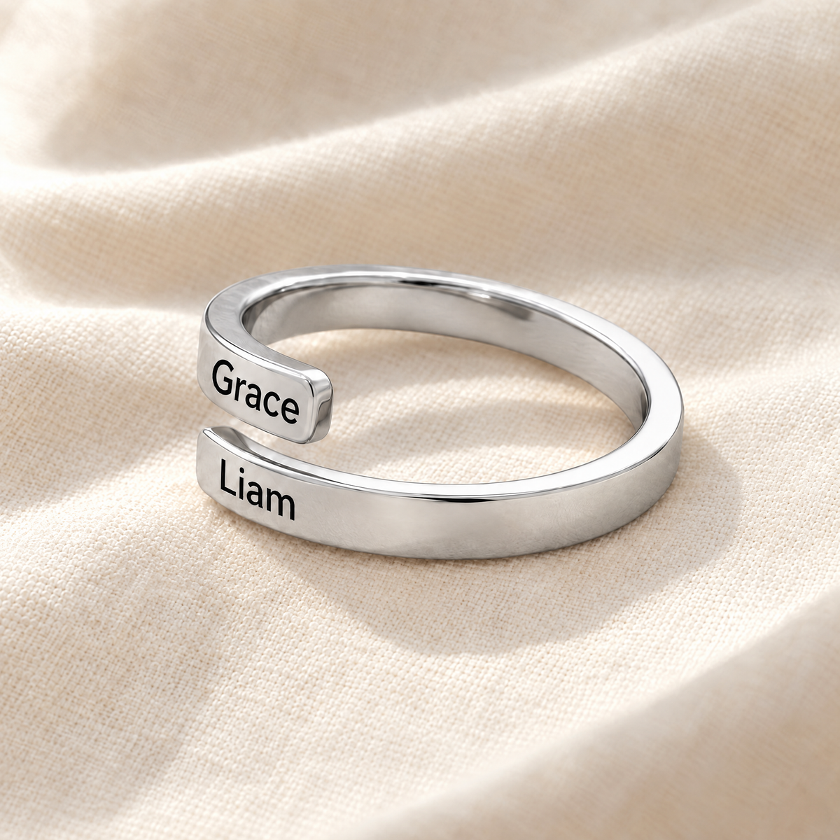 Silver open wrap ring engraved Grace and Liam