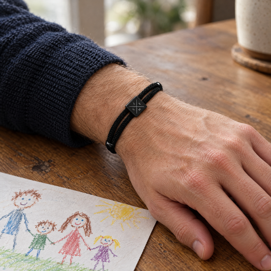 The bracelet on a man's wrist, resting on a kitchen table next to a child's drawing of the family