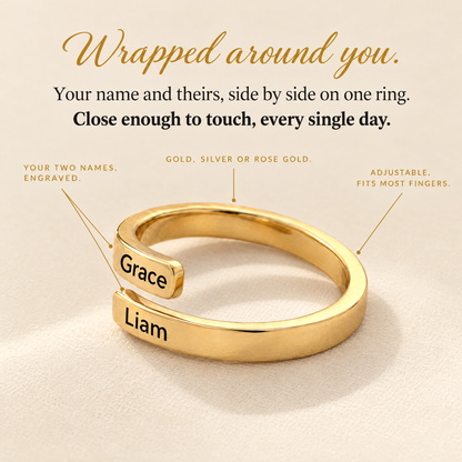 Gold double name ring engraved Grace and Liam, wrapped around you