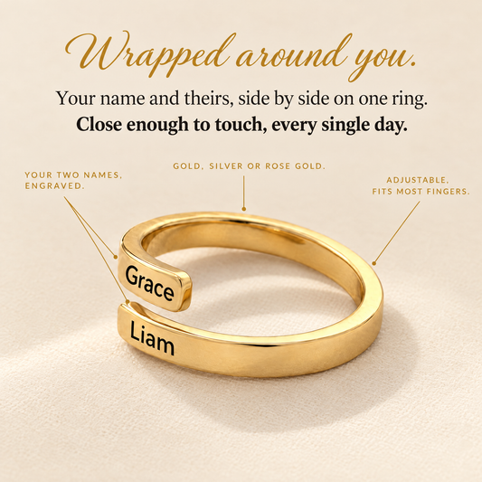 Gold double name ring engraved Grace and Liam, wrapped around you