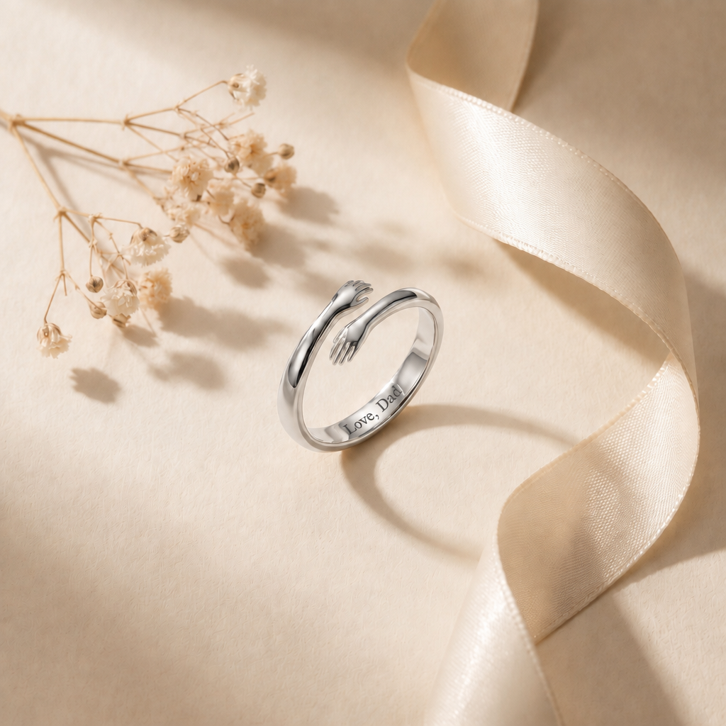 Silver hug ring engraved Love, Dad inside the band, with dried flowers and a satin ribbon
