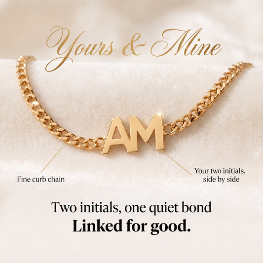 Yours & Mine bracelet in gold, two initials side by side on a fine curb chain