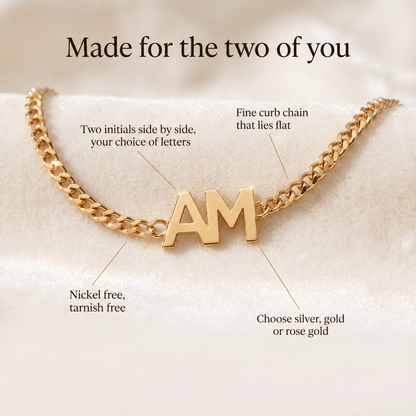 Yours & Mine bracelet details: two initials side by side, fine curb chain, silver, gold or rose gold