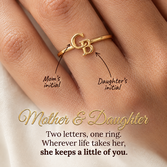 Gold ring with the mother's initial and the daughter's initial linked, worn on the hand