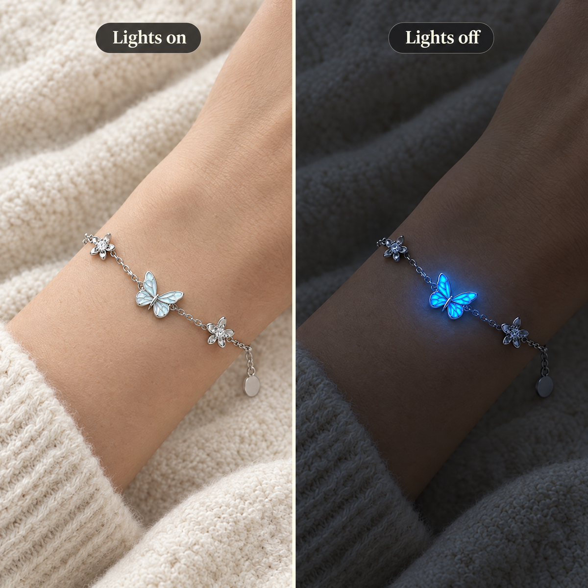 The same wrist with the lights on and with the lights off, the butterfly glowing blue