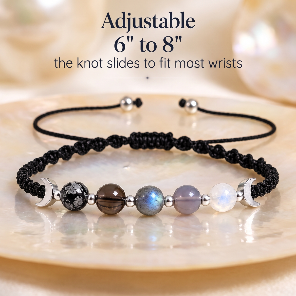 The sliding knot of the bracelet, adjustable from six to eight inches