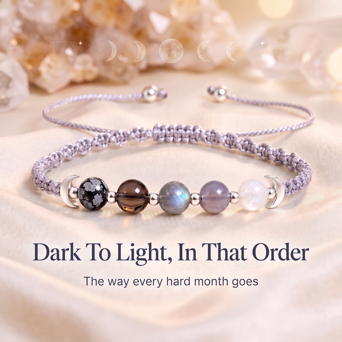 Silver cord version of the moon phases crystal bracelet with five stones