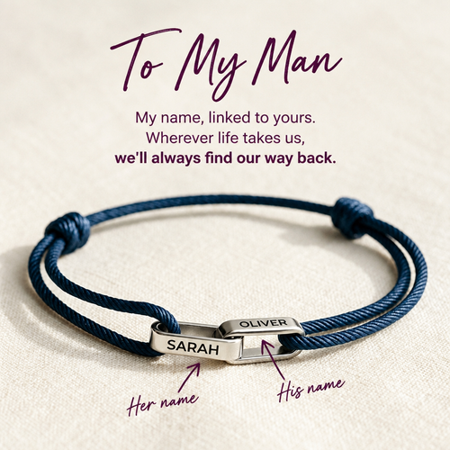 Navy cord bracelet with two interlocking silver links engraved with her name and his name
