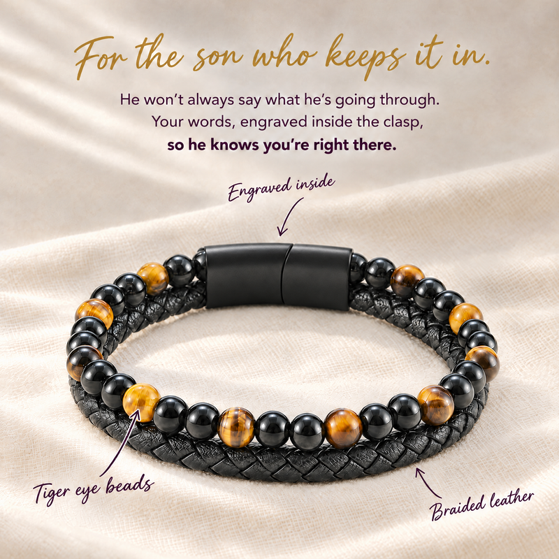 Tiger eye and braided leather bracelet with a plain black clasp, engraved inside