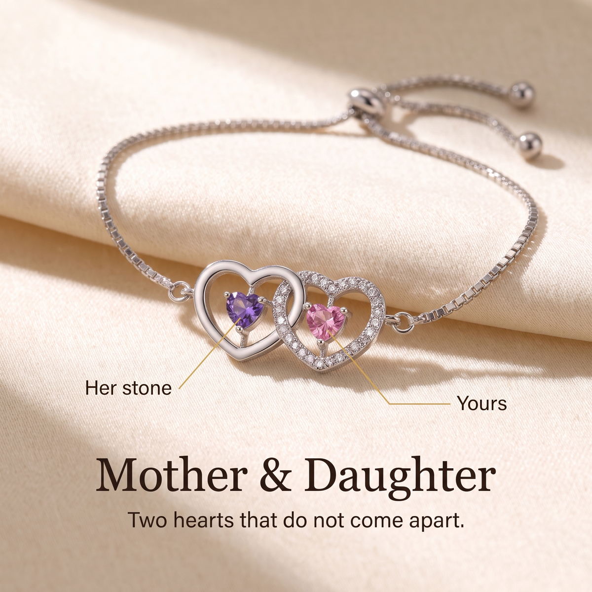 Mother and daughter double heart birthstone bracelet, her stone and yours