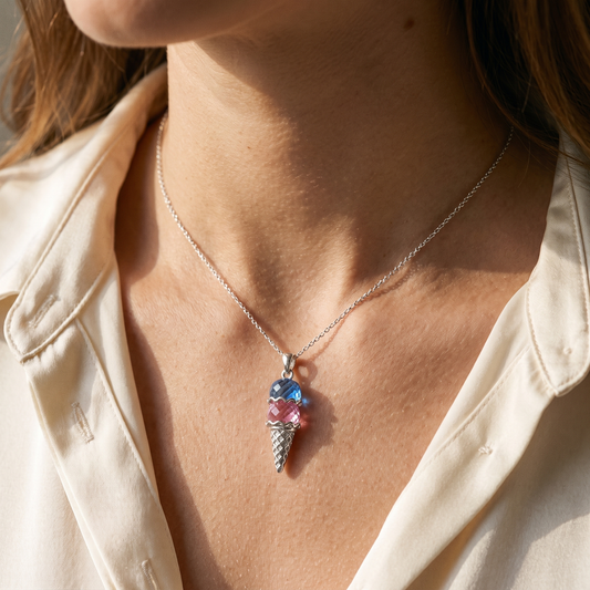 The pendant worn, close on the neck