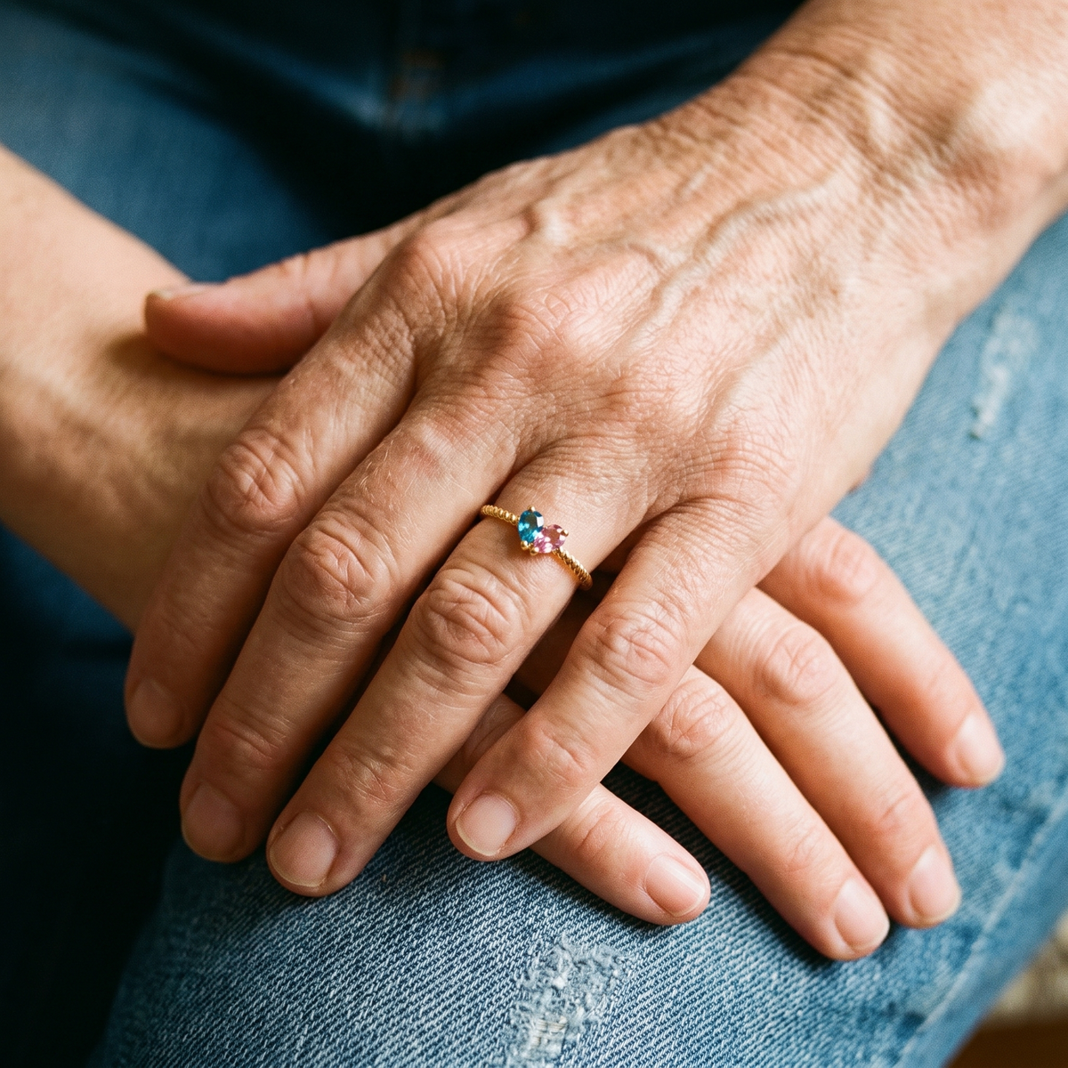 Two generations of hands, the older one wearing the ring