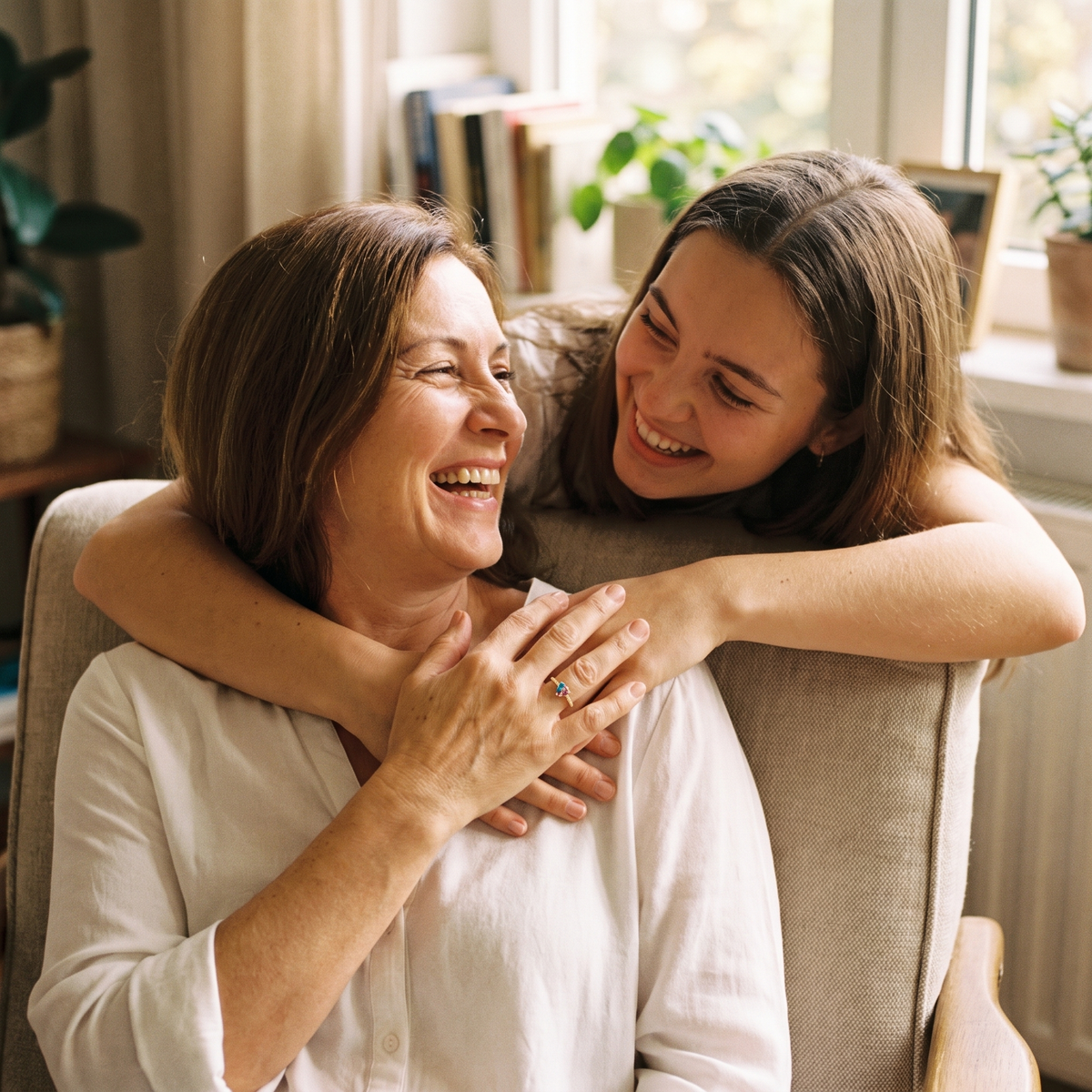 A daughter with her arms around her mother, both laughing