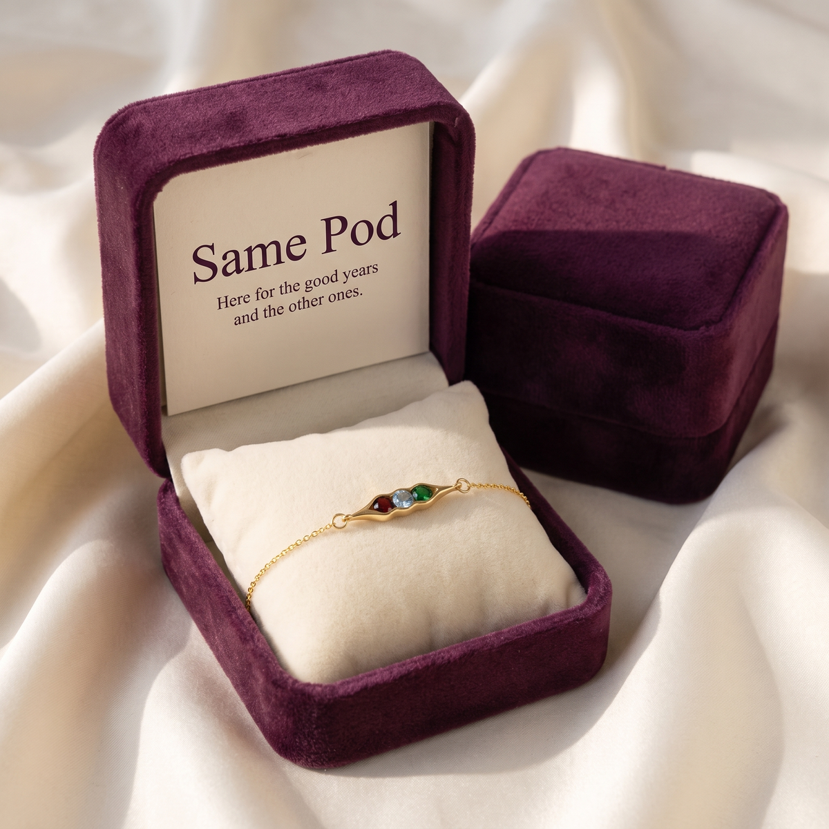 The bracelet in its gift box with the keepsake card