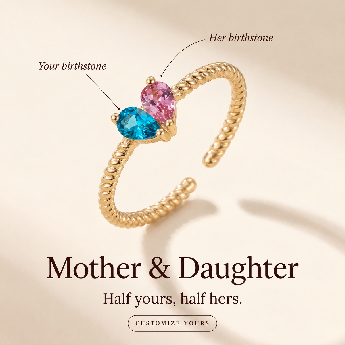 Mother and daughter birthstone ring, your birthstone and hers, customize yours