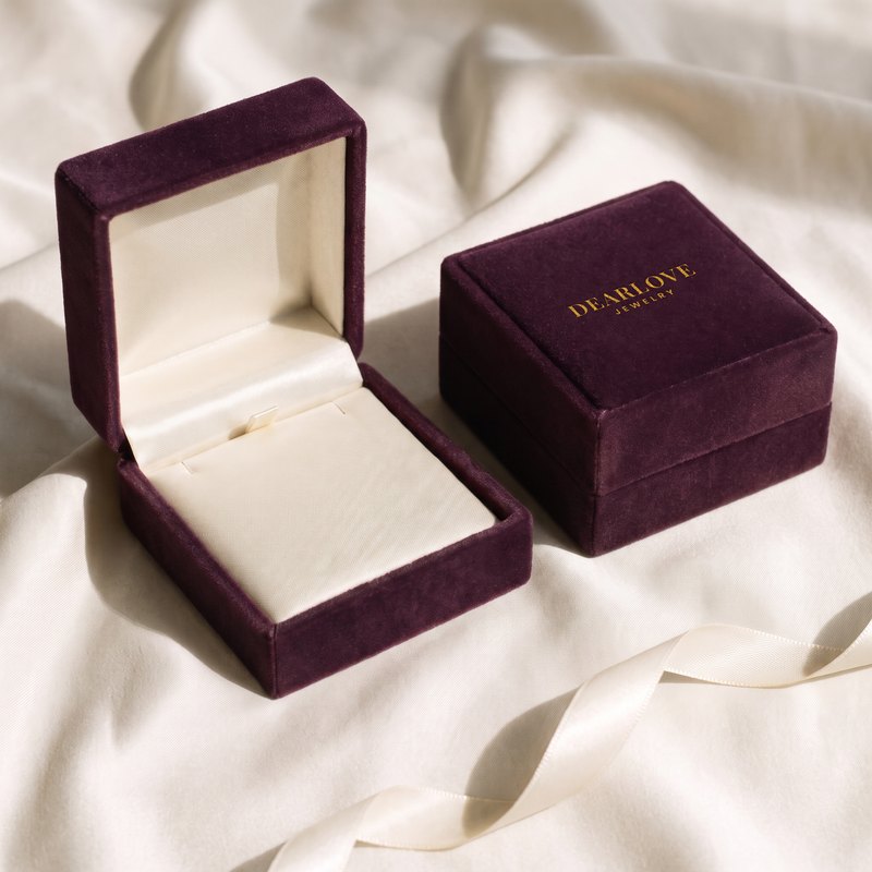 Dearlove Premium Gift Box: plum velvet keepsake box with gold logo and satin ribbon