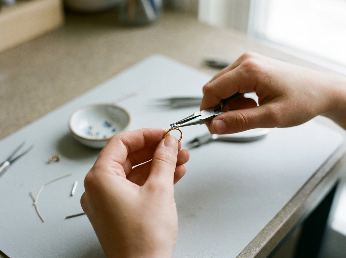 Dearlove artisan setting a tiny birthstone into a dainty gold ring by hand